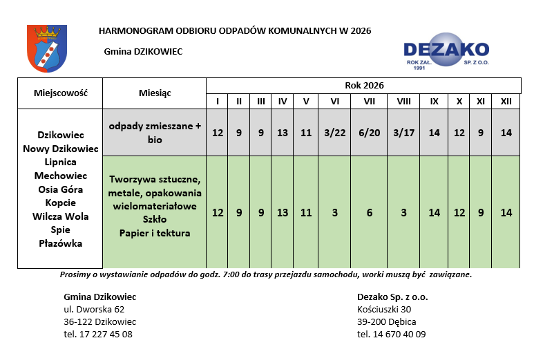 Harmonogram wywozu odpad&oacute;w w 2026 r.