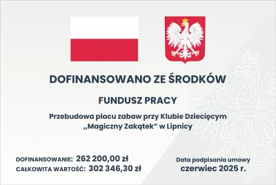 zdjęcie do
														 artykułu: Zakończono realizację projektu pn. „Przebudowa placu zabaw przy Klubie Dziecięcym Magiczny Zakątek w Lipnicy”