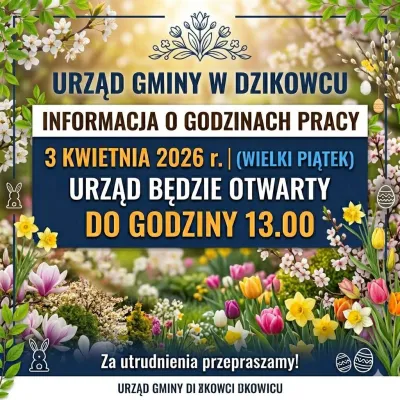  zdjęcie do artykułu Informacja o godzinach Pracy Urzędu w dniu 3 kwietnia 2026r.