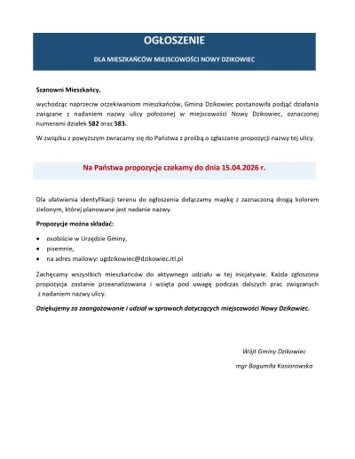  zdjęcie do artykułu Ogłoszenie dla mieszkańców miejscowość Nowy Dzikowiec