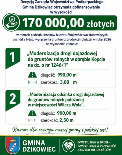 zdjęcie do artykułu: Gmina Dzikowiec otrzymała 170 000,00 zł dofinansowania na modernizację dróg dojazdowych