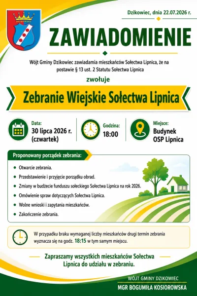zdjęcie do artykułu: Zawiadomienie - zebranie wiejskie sołectwa Lipnica