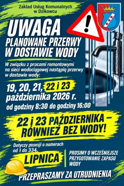 zdjęcie do artykułu: KOMUNIKAT DLA MIESZKAŃCÓW – PLANOWANE PRZERWY W DOSTAWIE WODY