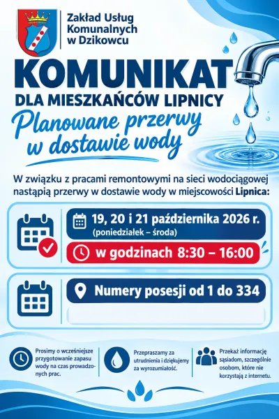  zdjęcie do artykułu KOMUNIKAT DLA MIESZKAŃCÓW LIPNICY – PLANOWANE PRZERWY W DOSTAWIE WODY