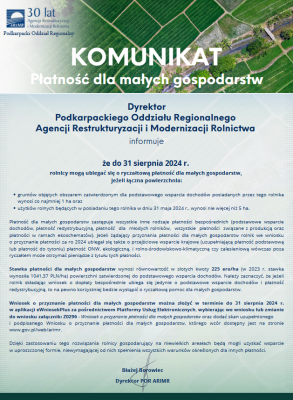 zdjęcie do
														 artykułu: Komunikat Dyrektora Podkarpackiego Oddziału Regionalnego Agencji Restrukturyzacji i Modernizacji Rolnictwa