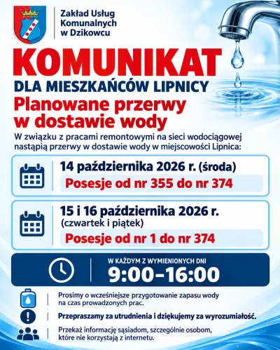  zdjęcie do artykułu Przerwa w dostawie wody w miejscowości Lipnica