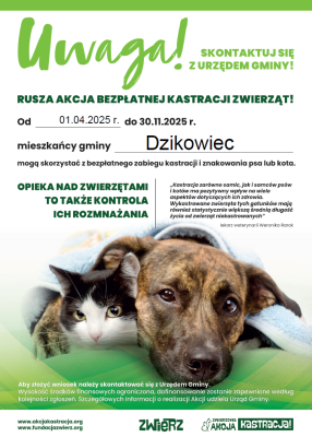 zdjęcie do
														 artykułu: Bezpłatna kastracja zwierząt w Gminie Dzikowiec!