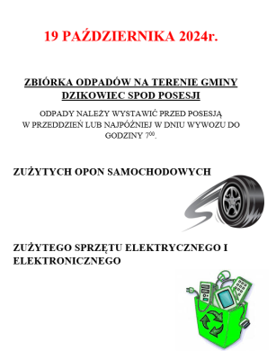 zdjęcie do
														 artykułu: ZBIÓRKA ZUŻYTYCH OPON ORAZ SPRZĘTU ELEKTRYCZNEGO NA TERENIE GMINY DZIKOWIEC