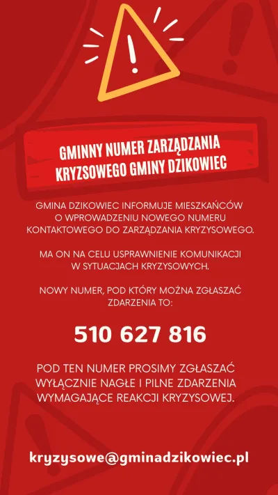 Plakat informujący o numerze gminnego zespołu zarządzania kryzysowego
