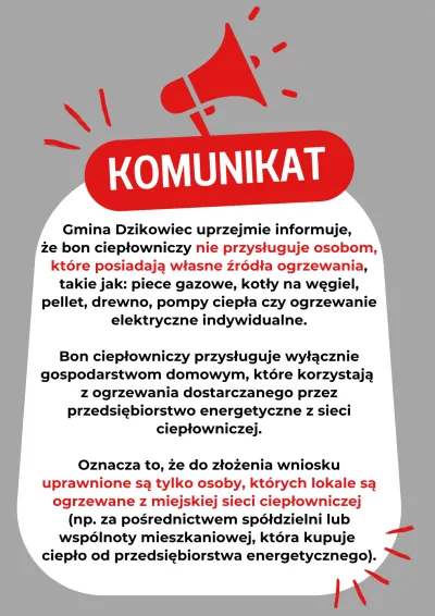 zdjęcie do artykułu: KOMUNIKAT DOTYCZĄCY BONU CIEPŁOWNICZEGO