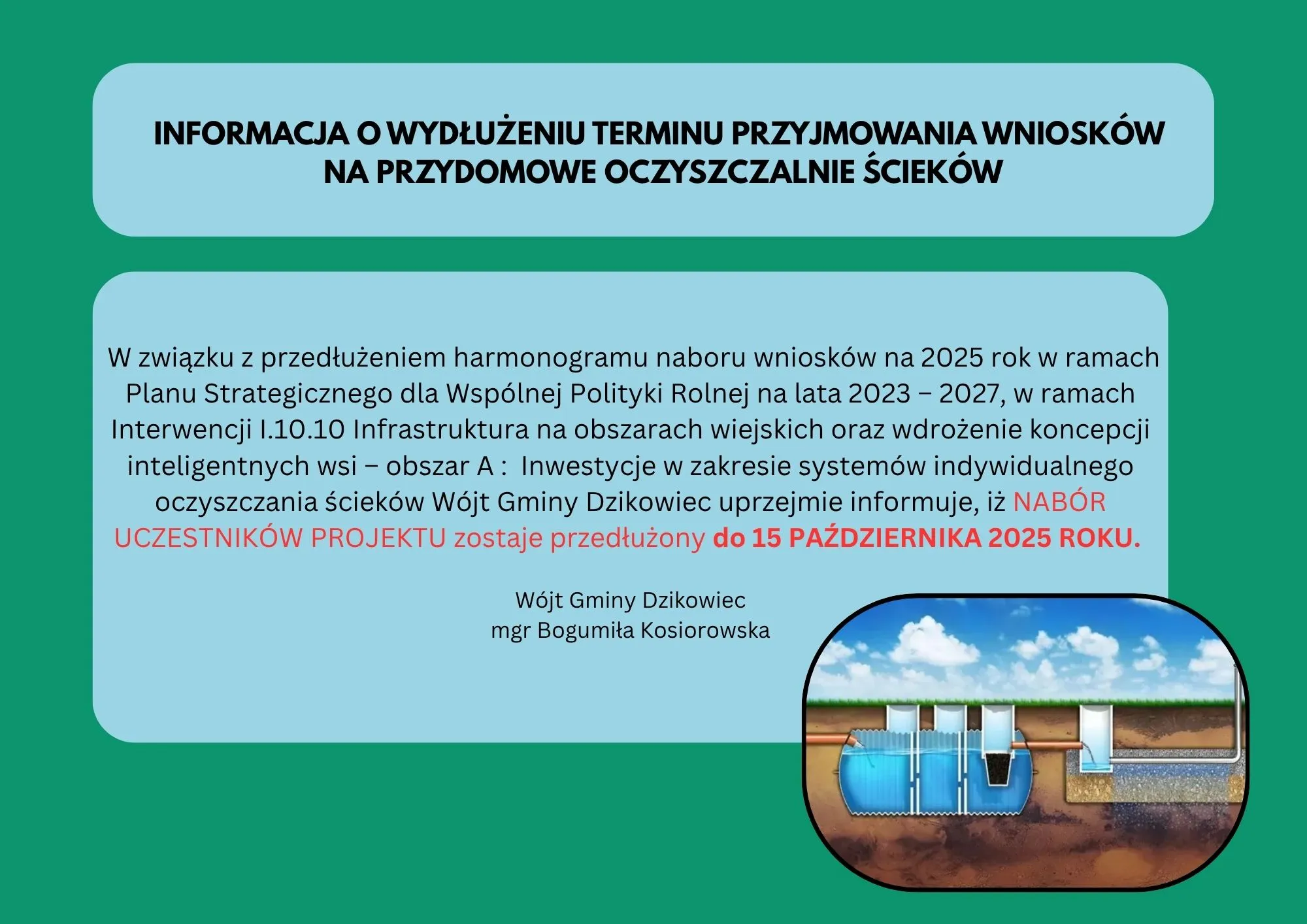 INFORMACJA O WYDŁUŻENIU TERMINU PRZYJMOWANIA WNIOSKÓW  NA PRZYDOMOWE OCZYSZCZALNIE ŚCIEKÓW