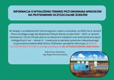 zdjęcie do artykułu: INFORMACJA O WYDŁUŻENIU TERMINU PRZYJMOWANIA WNIOSKÓW NA PRZYDOMOWE OCZYSZCZALNIE ŚCIEKÓW